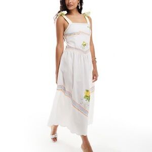 Never Fully Dressed White Midi Dress with Yellow Floral Accents